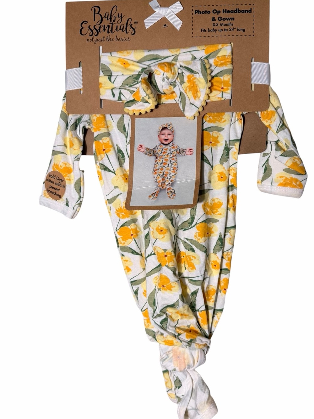 Baby Essentials Yellow Floral Knot Gown Swaddle Wrap with Matching Headband